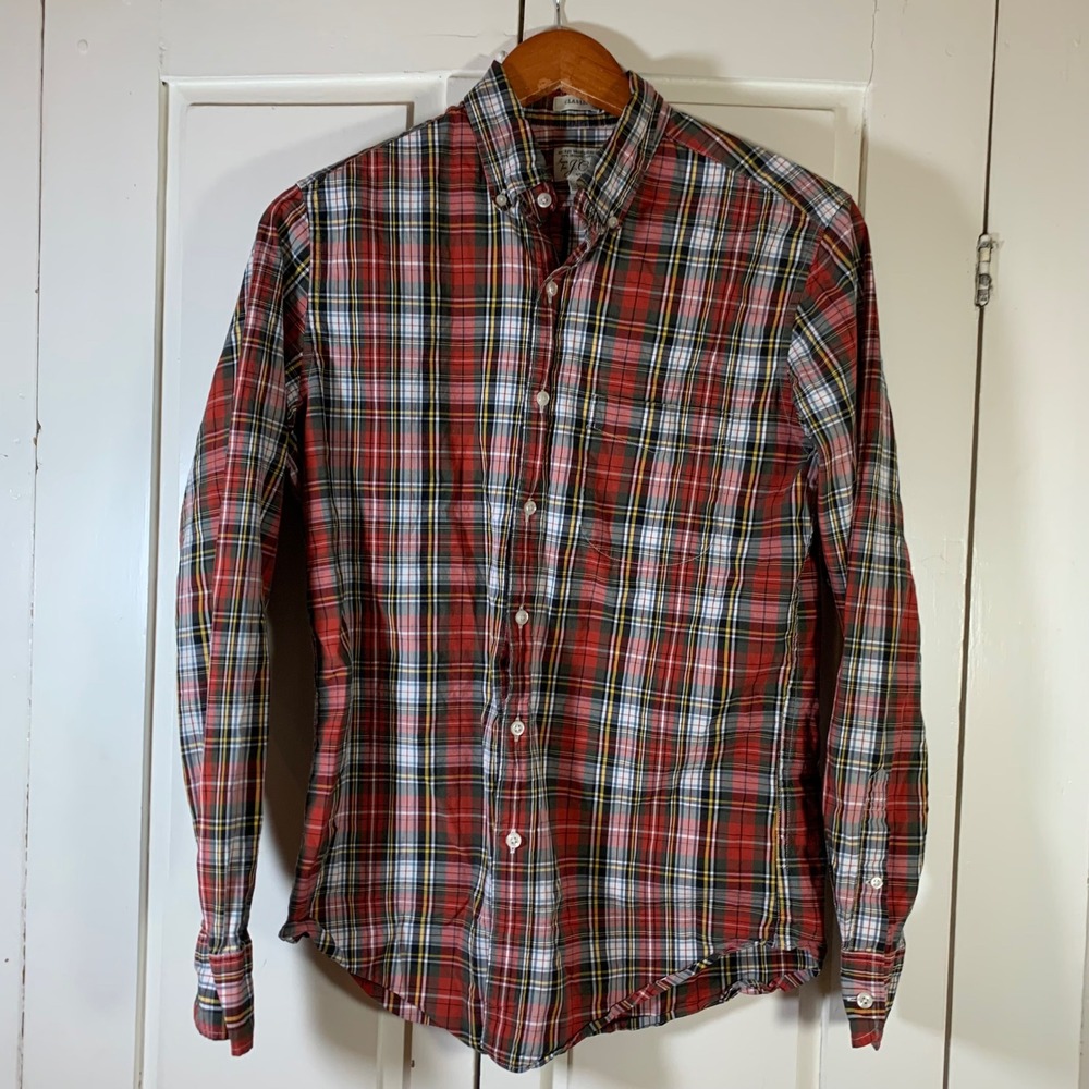 J.Crew Mens Secret Wash Stretch Organic Cotton Plaid Button Down Shirt S READ‎